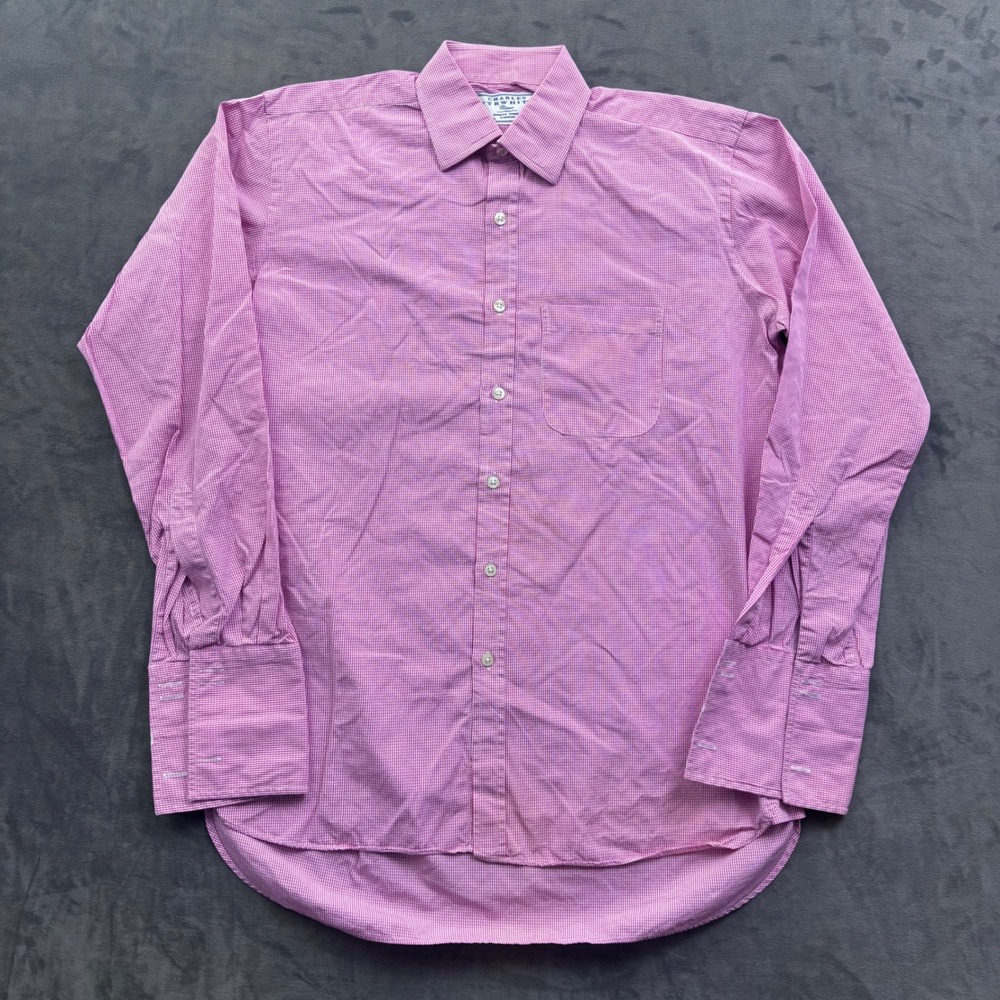 Charles Tyrwhitt Mens Pink Gingham Dress Shirt Classic Fit French Cuff 15.5 35in